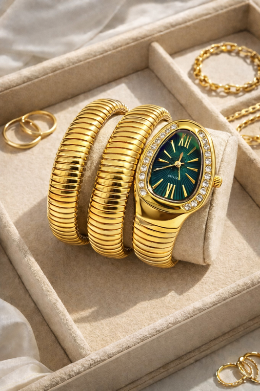 Gold Dual Coil Serpent Wrap Watch-Emerald Green
