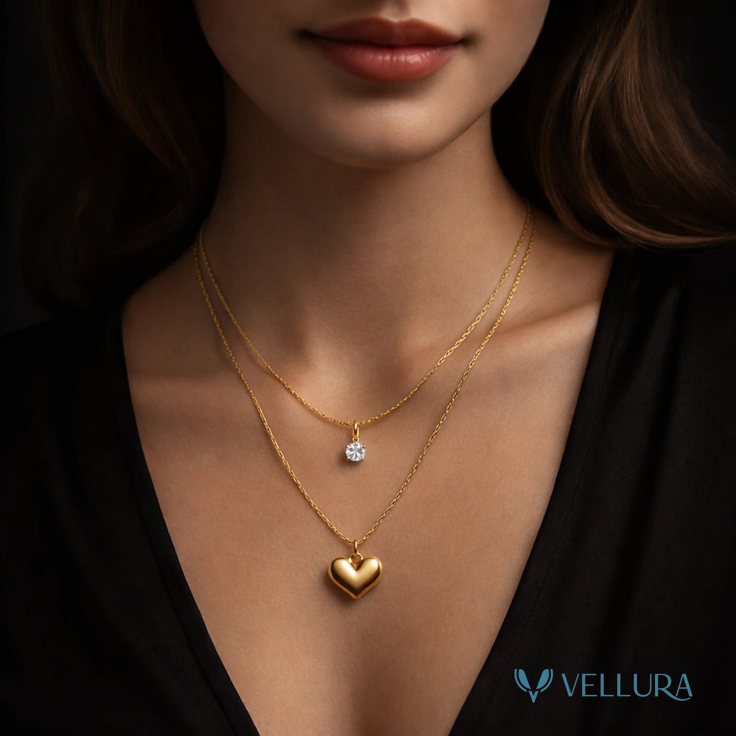 Layered Gold Heart Necklace with Crystal Charm