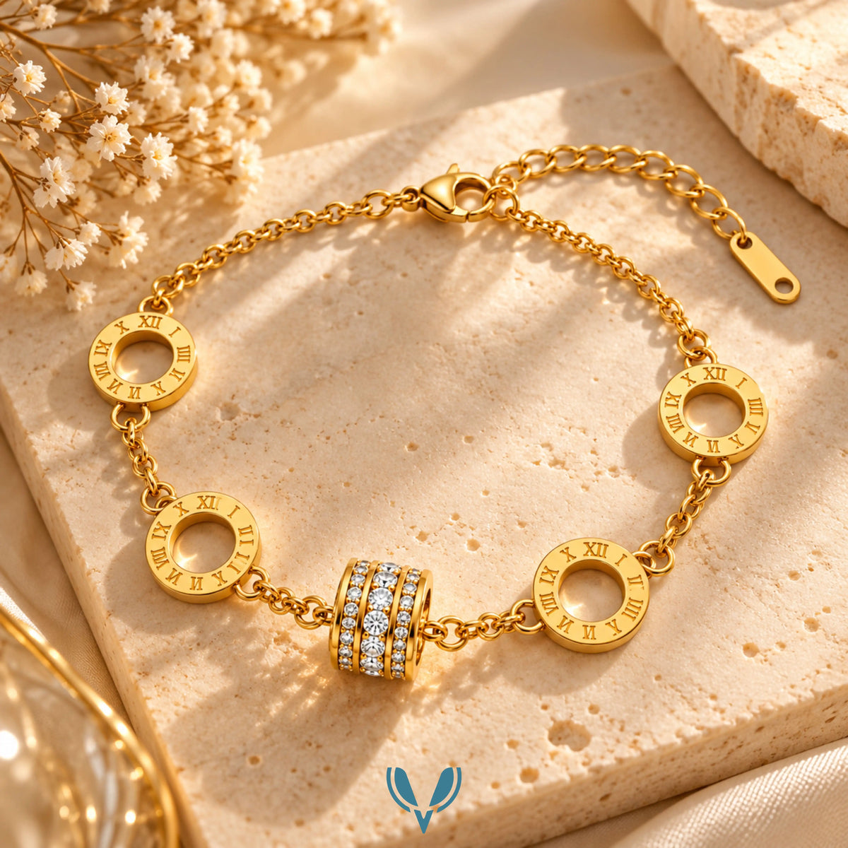 Gold Roman Numeral Charm Bracelet