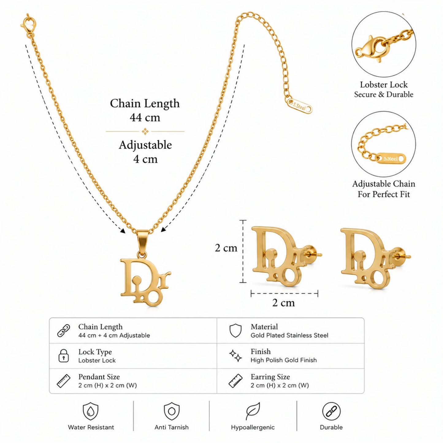 Dior Inspired Pendant Necklace & Stud Earrings Set