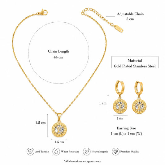 LV Inspired Pendant Necklace & Hoop Earrings Set