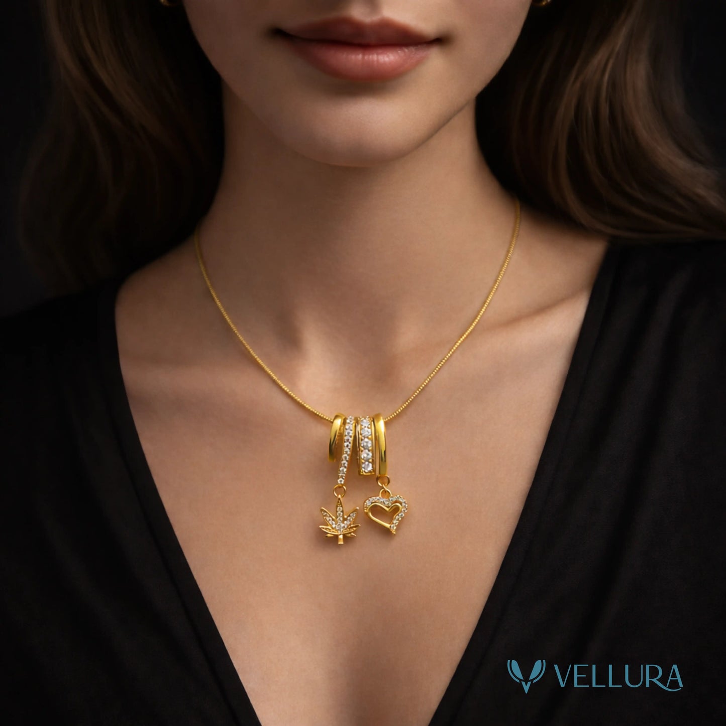 Charm Necklace with Heart & Leaf Motifs