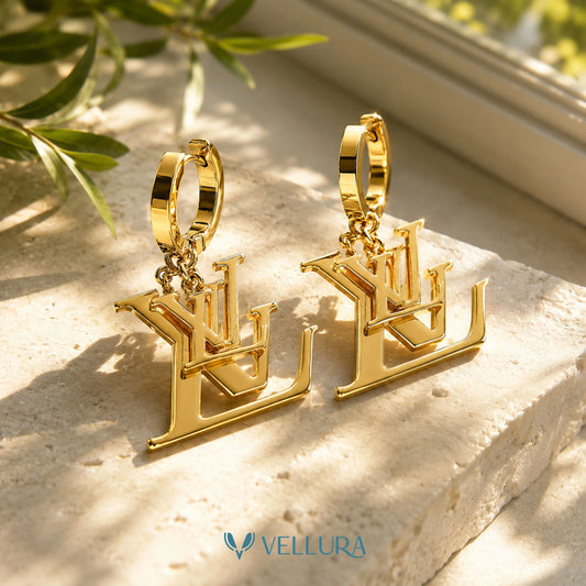 LV Inspired Gold Hoop Drop Earrings