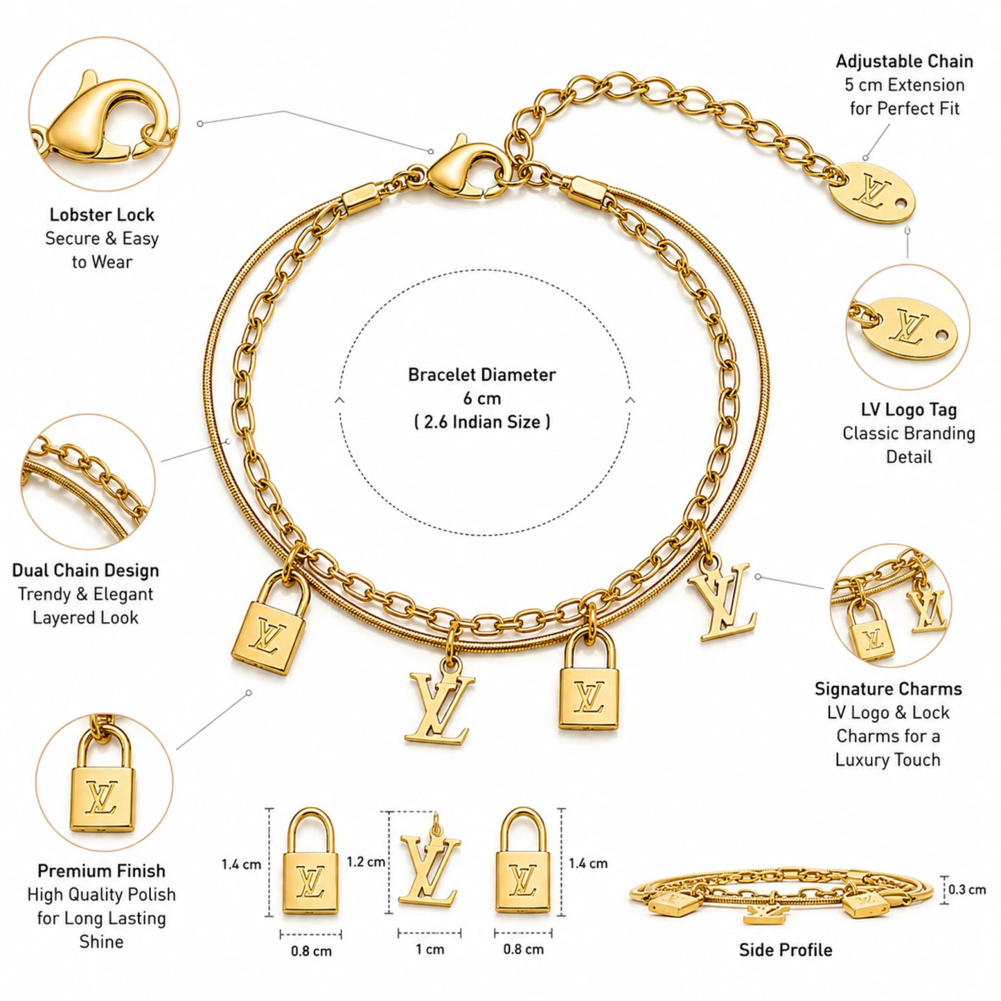 LV' Designer Inspired Charm Bracelet