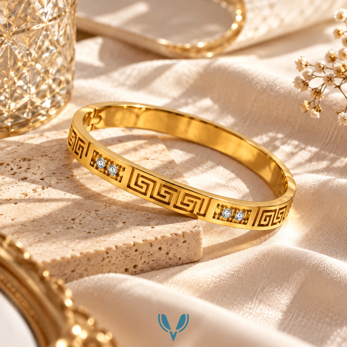 Gold Greek Key CZ Bangle Bracelet