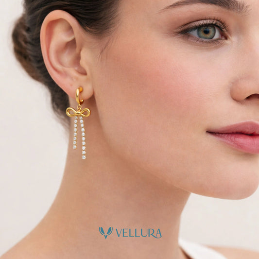 Gold Bow Tassel Crystal Drop Earrings