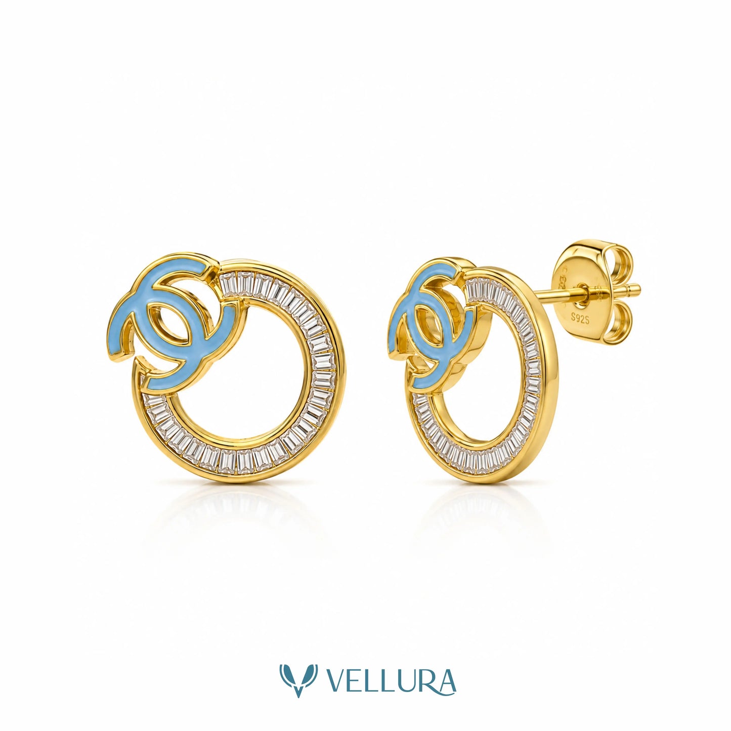 CC" Designer Inspired Blue CZ Stud Earrings
