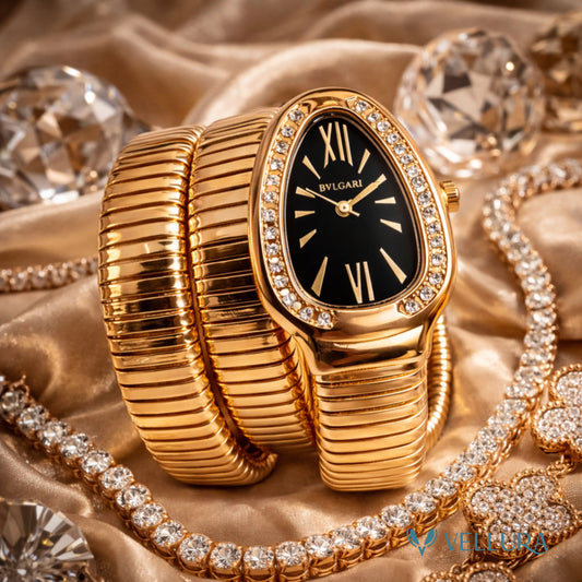 Bvalgari Insipred - Gold Black Studded Serpent Watch