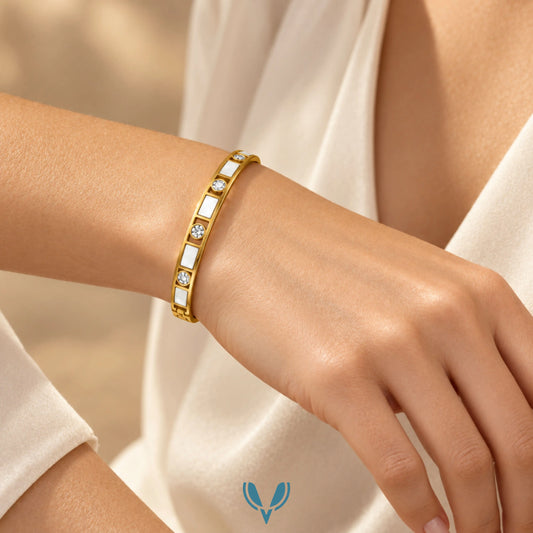 Gold White Inlay CZ Bangle Bracelet