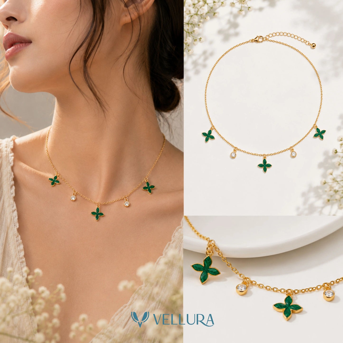 Emerald Floral Charm Necklace