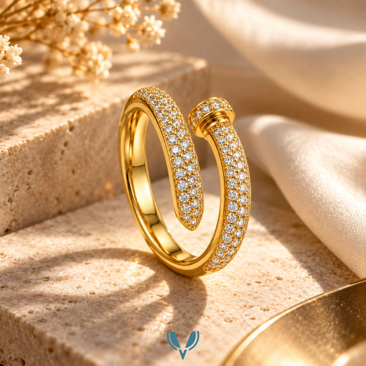 Gold Nail-Inspired CZ Wrap Ring