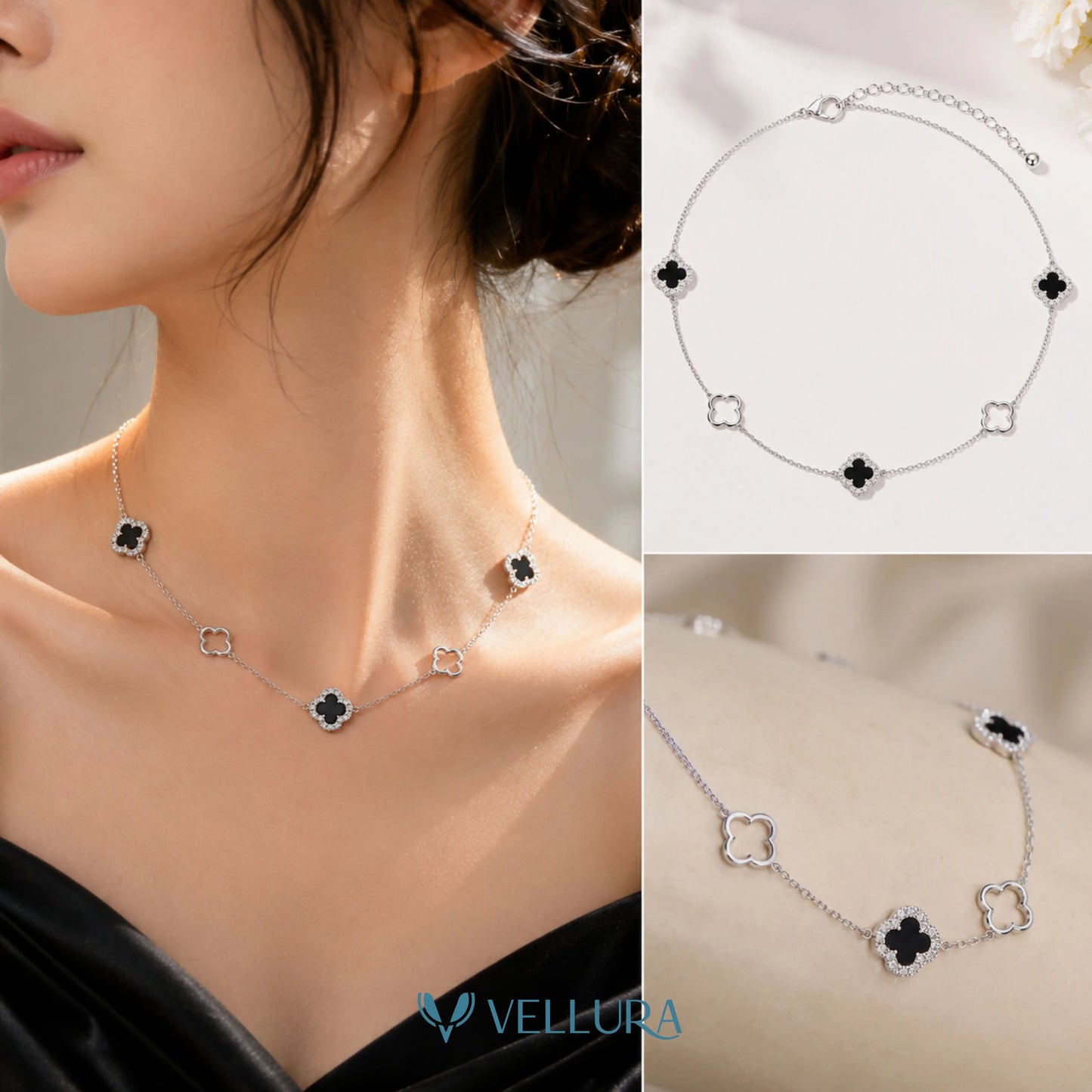 Silver Black Clover Necklace