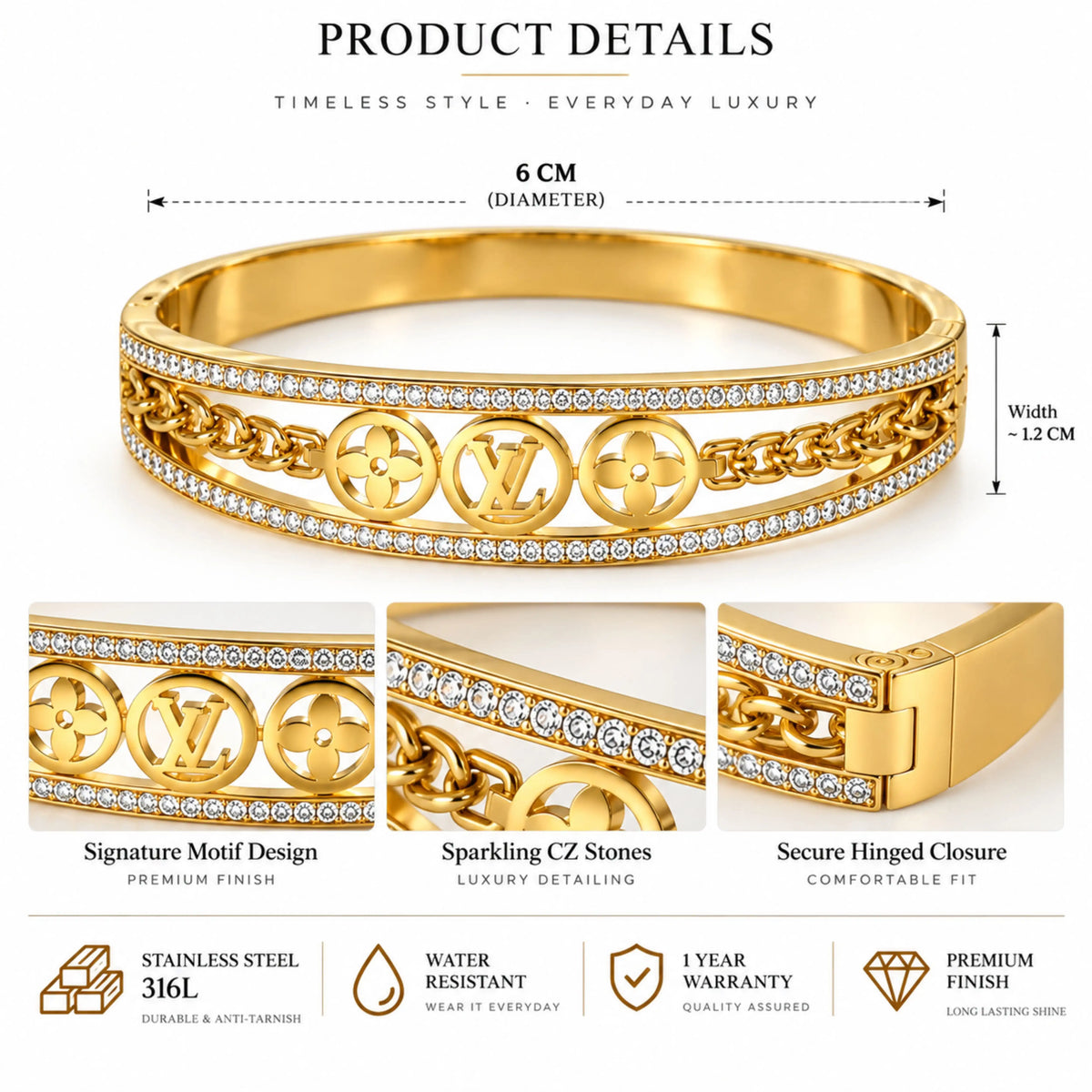 Gold Monogram CZ Chain Bangle Bracelet