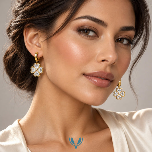 Gold Four Leaf Clover Hoop Drop Earrings