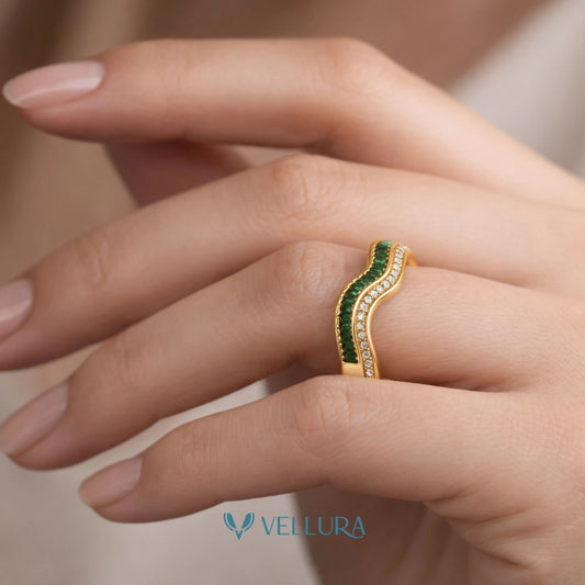 Wave Ring with Emerald & White Zircon