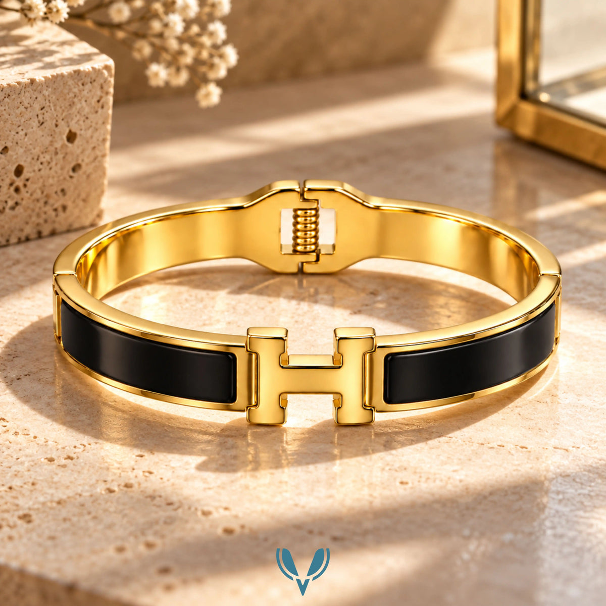Gold H-Motif black Enamel Bracelet