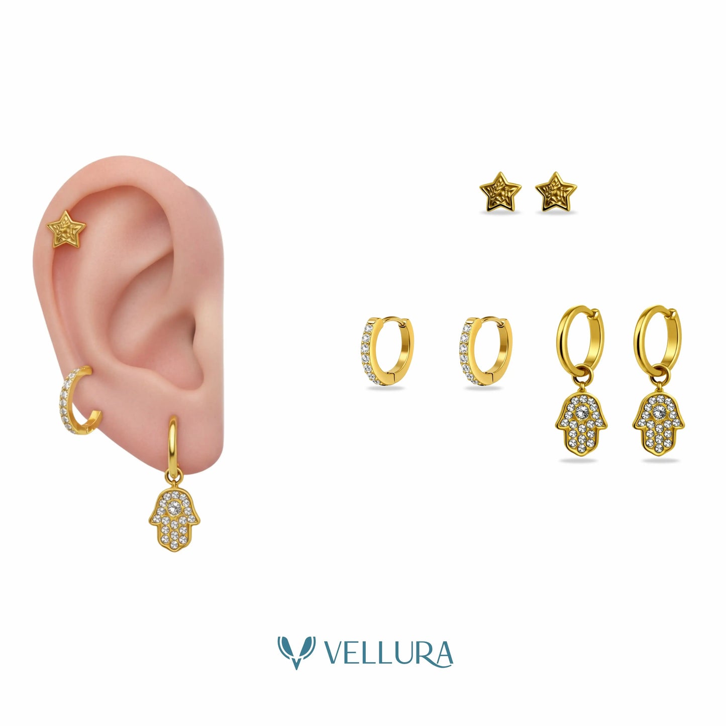 Earring Combo Set – Star Stud, Crystal Hoop & Hamsa Charm