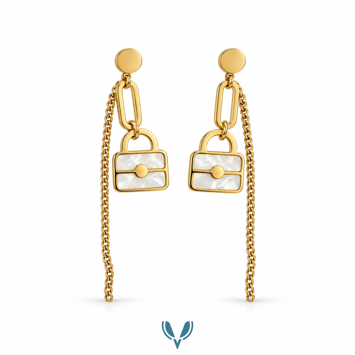 Gold Mother of Pearl Lock & Chain Drop Earrings