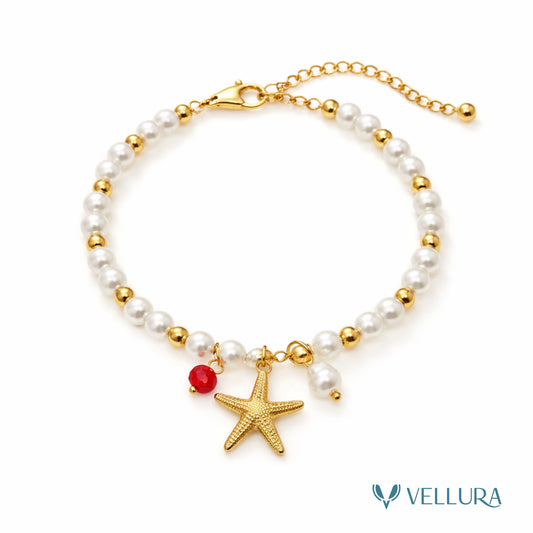 Gold Starfish Charm Pearl Bracelet