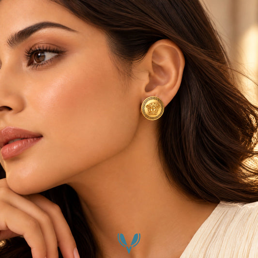 Gold Medusa Greek Key Stud Earrings
