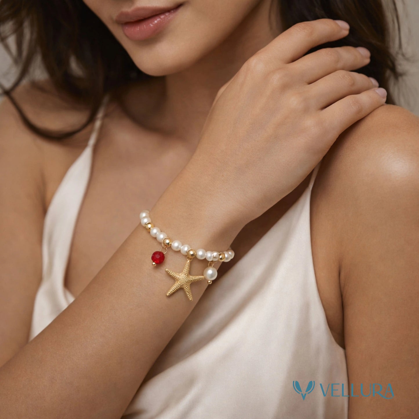 Gold Starfish Charm Pearl Bracelet