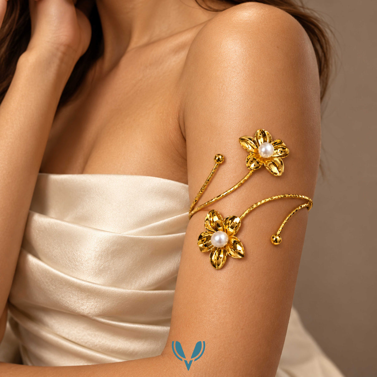 Gold Pearl Flower Spiral Arm Cuff