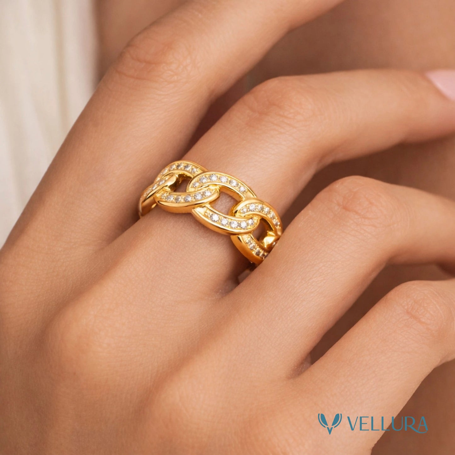 Gold Link Chain Crystal Statement Ring