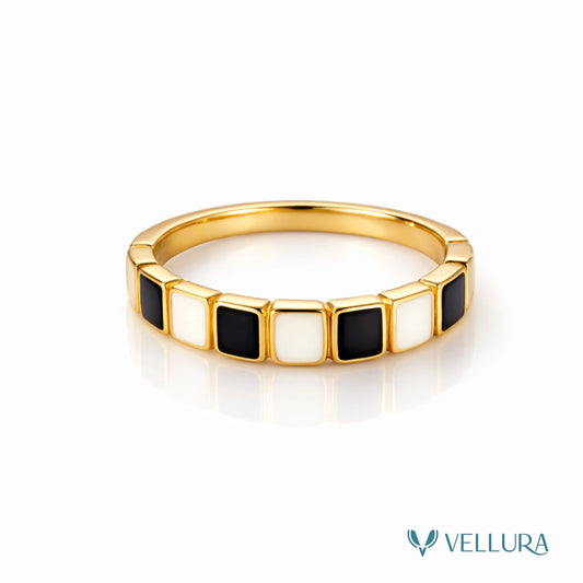 Gold Black & White Enamel Band Ring