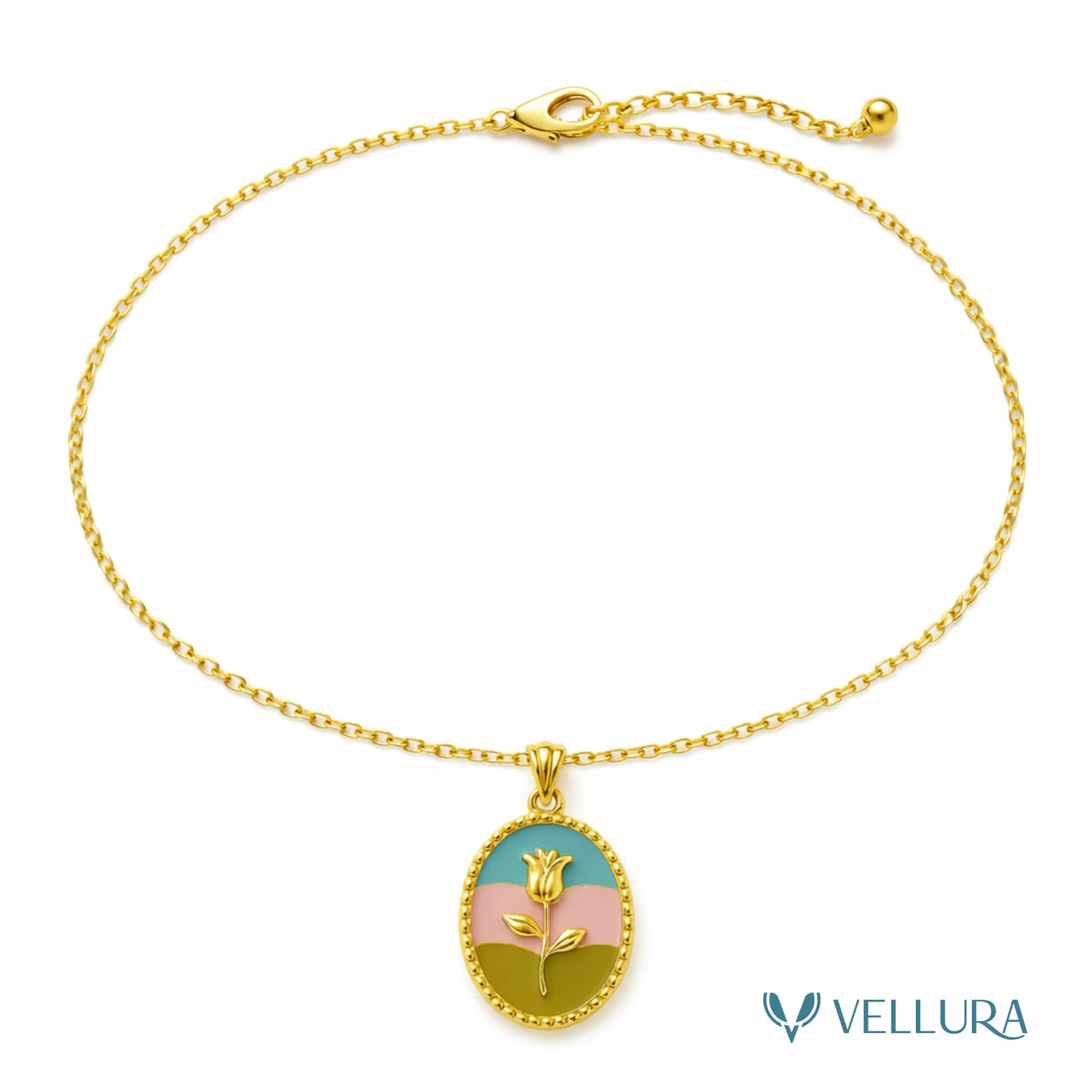 Gold Rose Pendant Necklace with Tricolor Enamel