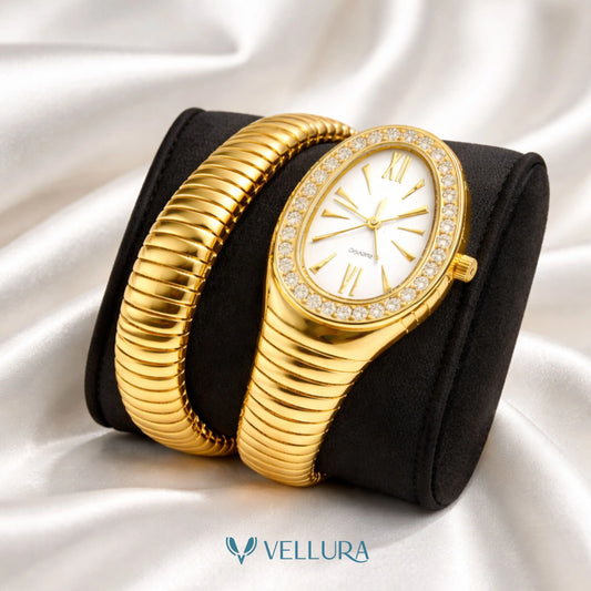 Gold Single Coil Serpent Wrap Watch-White Studded