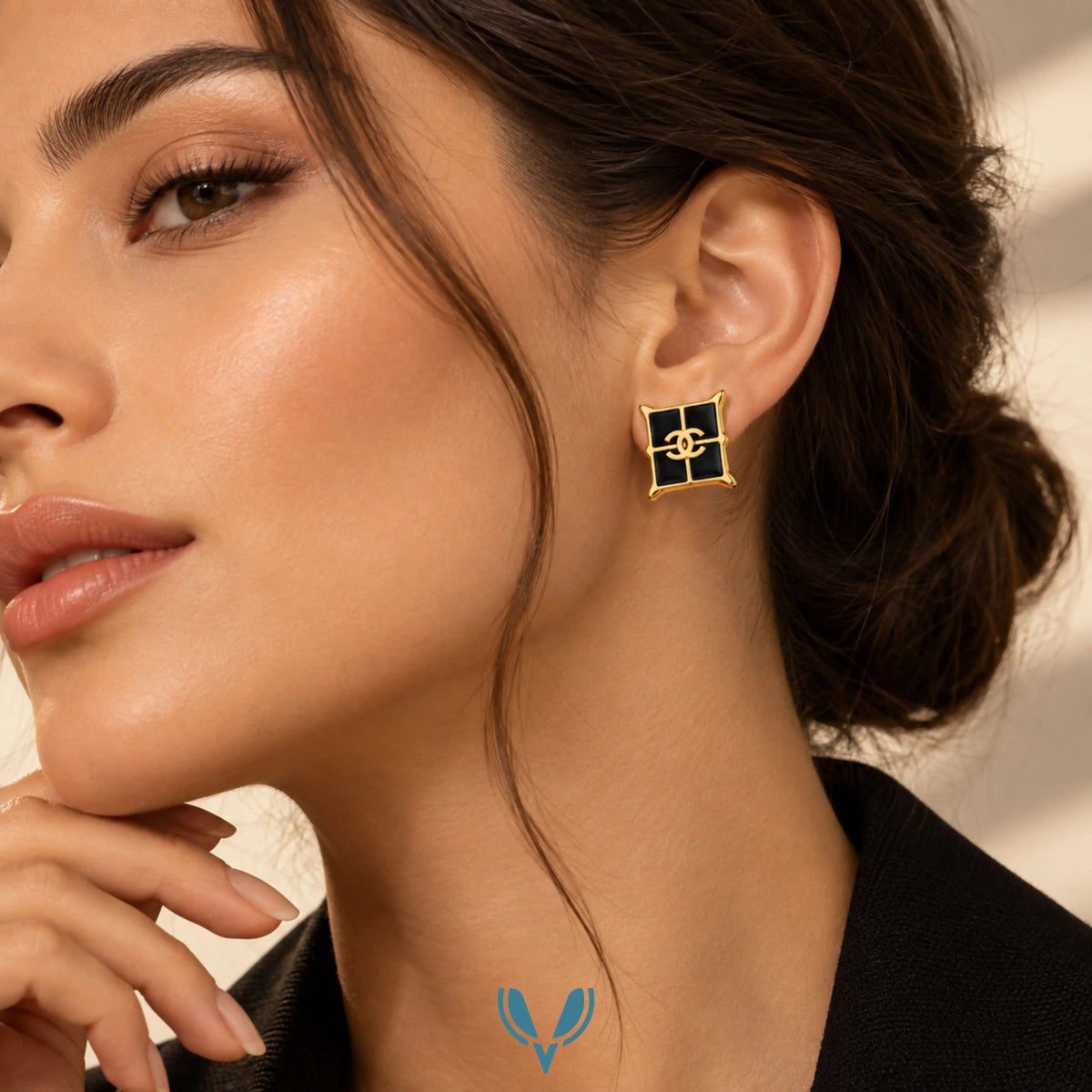 Black Enamel CC Square Stud Earrings