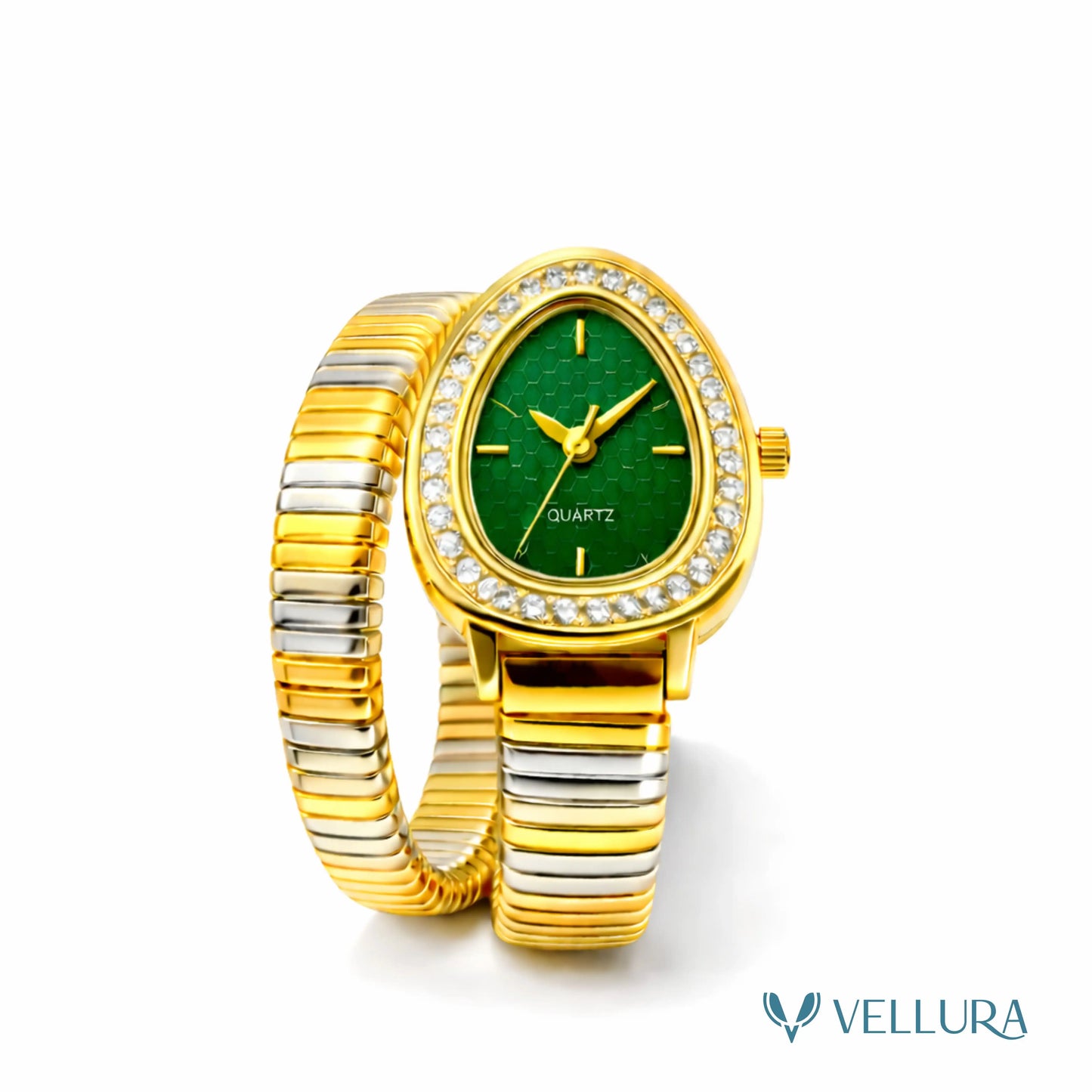 Bvlgari Inspired-GREEN Dual Tone Snake Wrap Watch