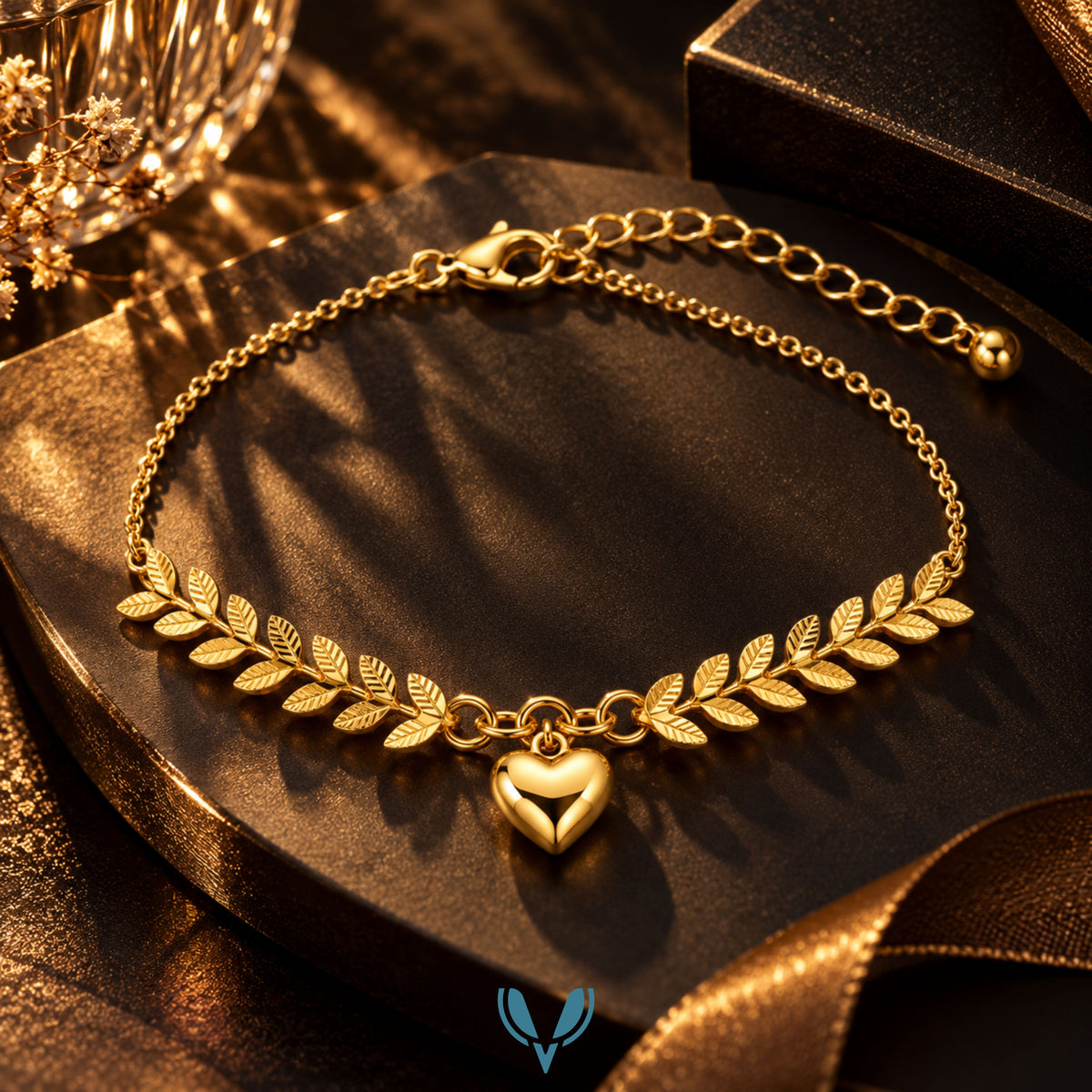 Gold Leaf & Heart Charm Bracelet