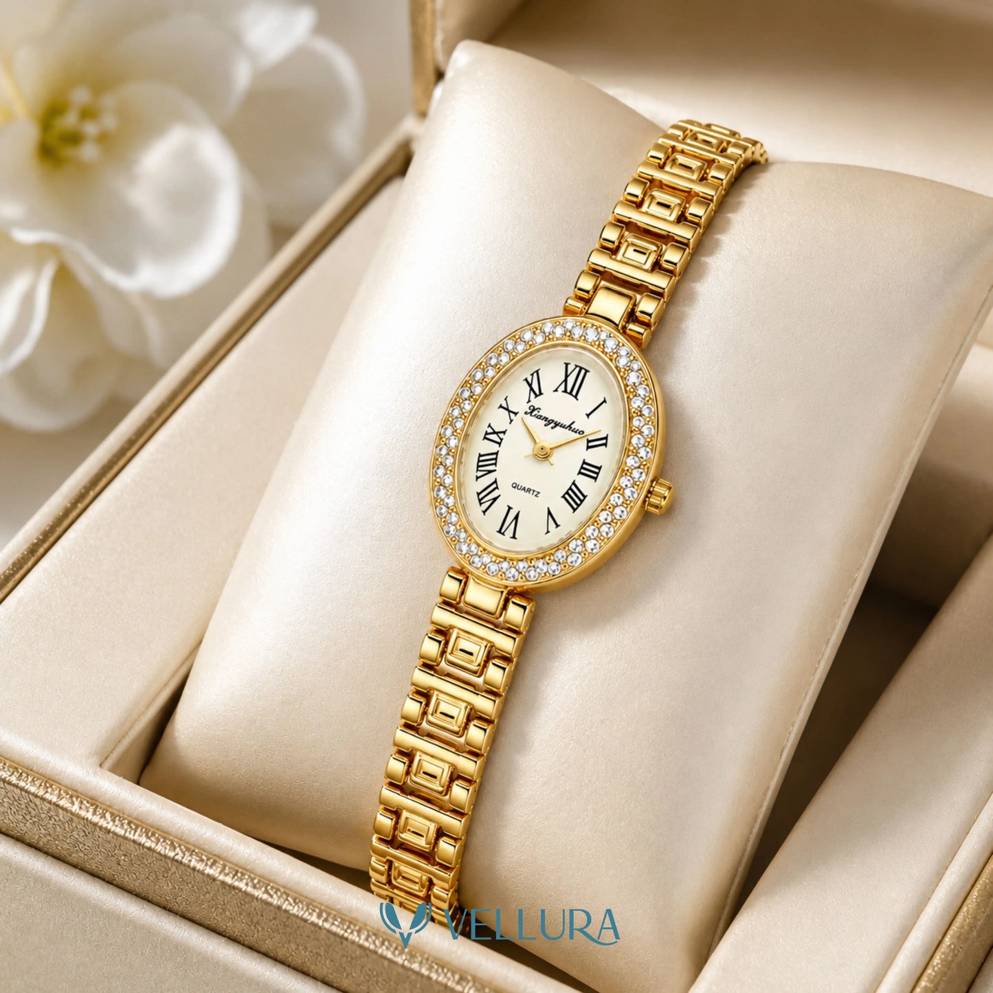 Gold White Oval Watch