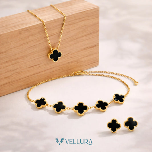 Black Quatrefoil Necklace Set-Necklace, Earrings and Bracelet