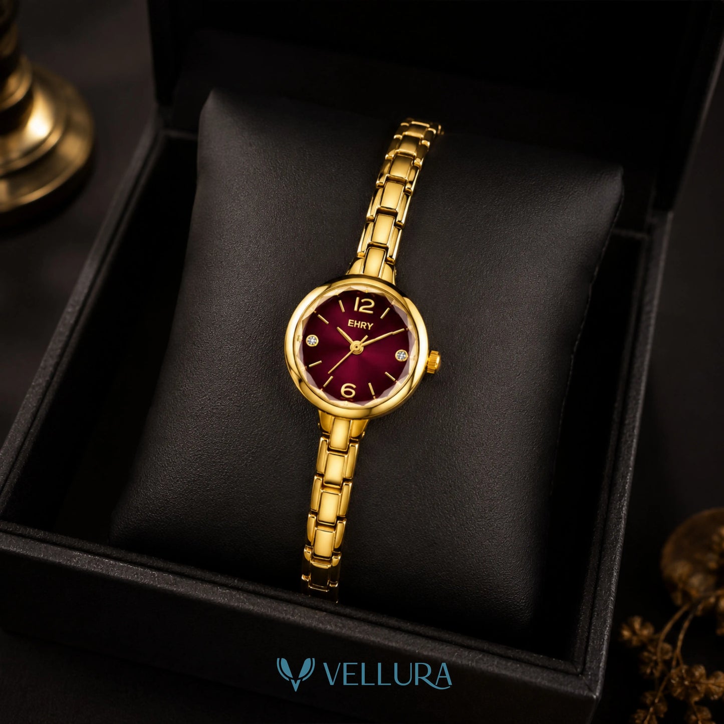 Gold Women's Watch with Burgundy Dial