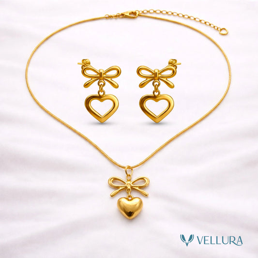 Gold Bow Heart Necklace & Earrings Set