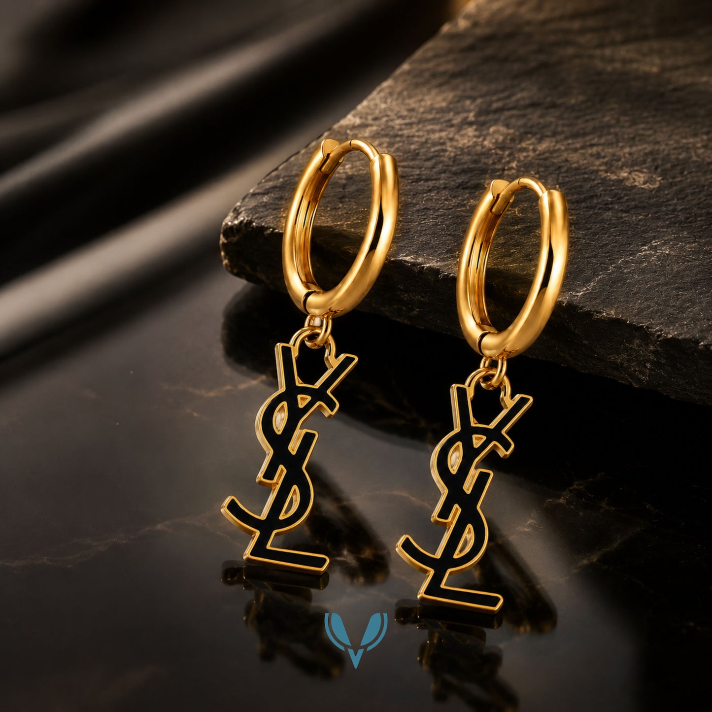 YSL' Inspired Black Logo Hoop Earrings