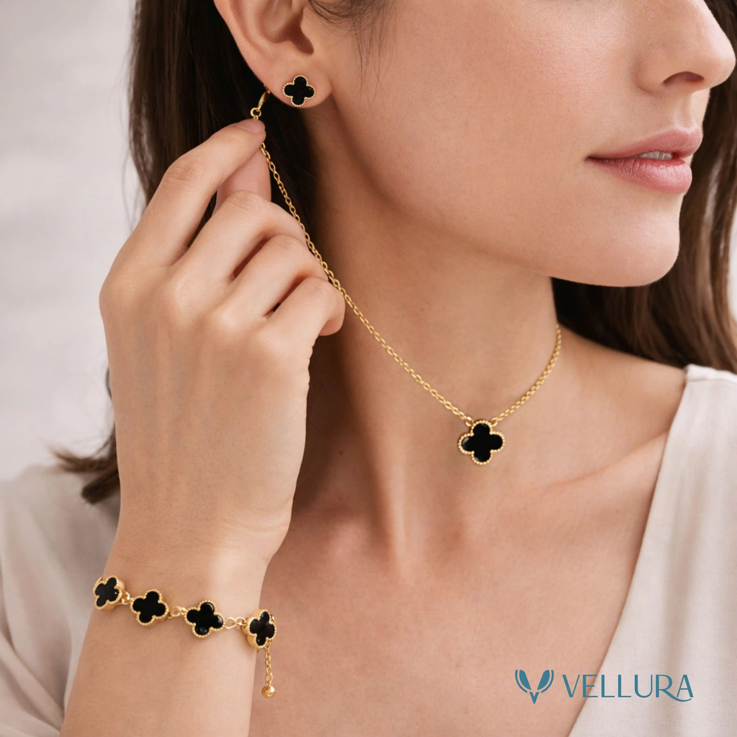 Black Quatrefoil Necklace Set-Necklace, Earrings and Bracelet