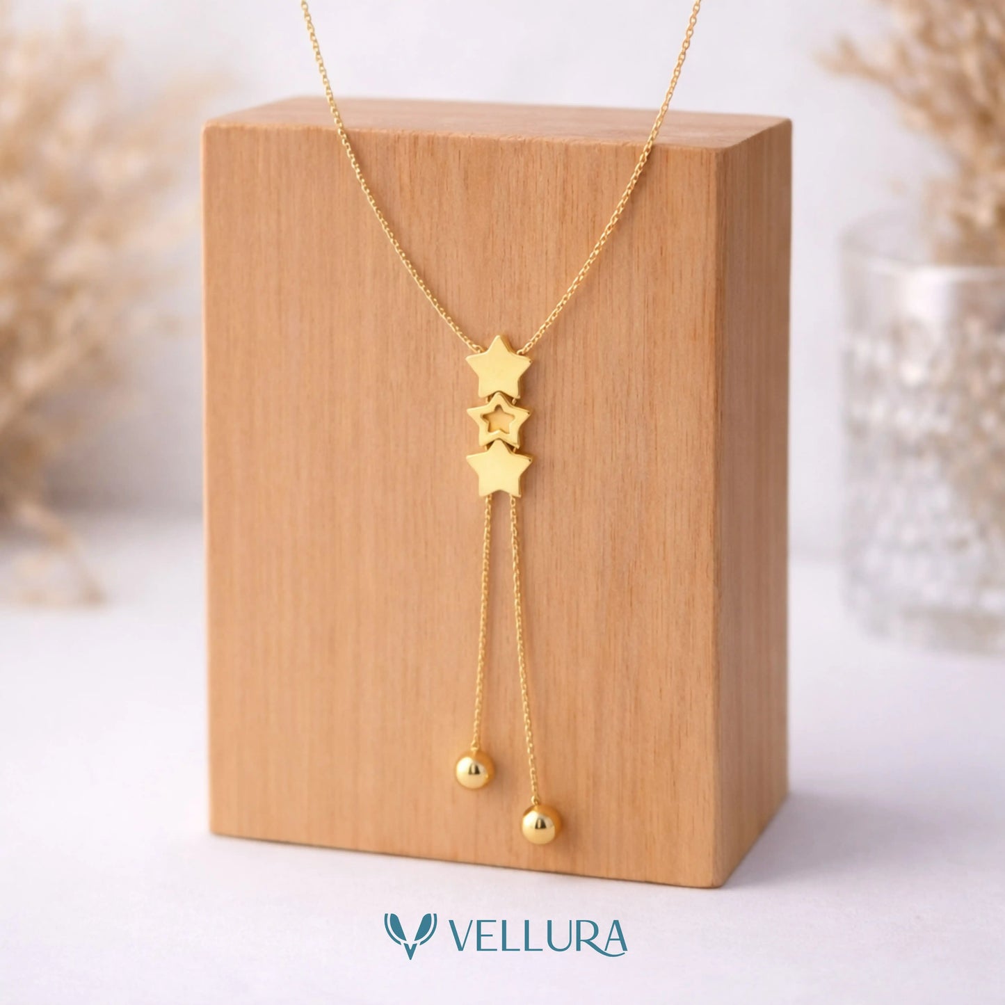 Triple Star Drop Gold Necklace