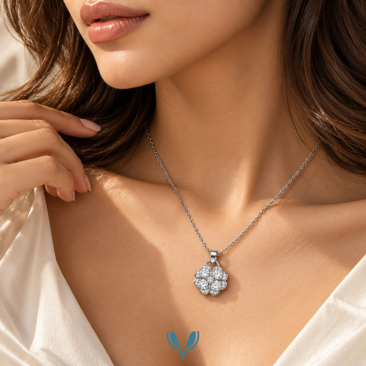Silver Four Leaf Clover CZ Necklace