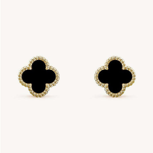 Van Cleef black clover stud earrings with gold beaded border, anti-tarnish finish, elegant luxury jewelry - vellura Jewellery