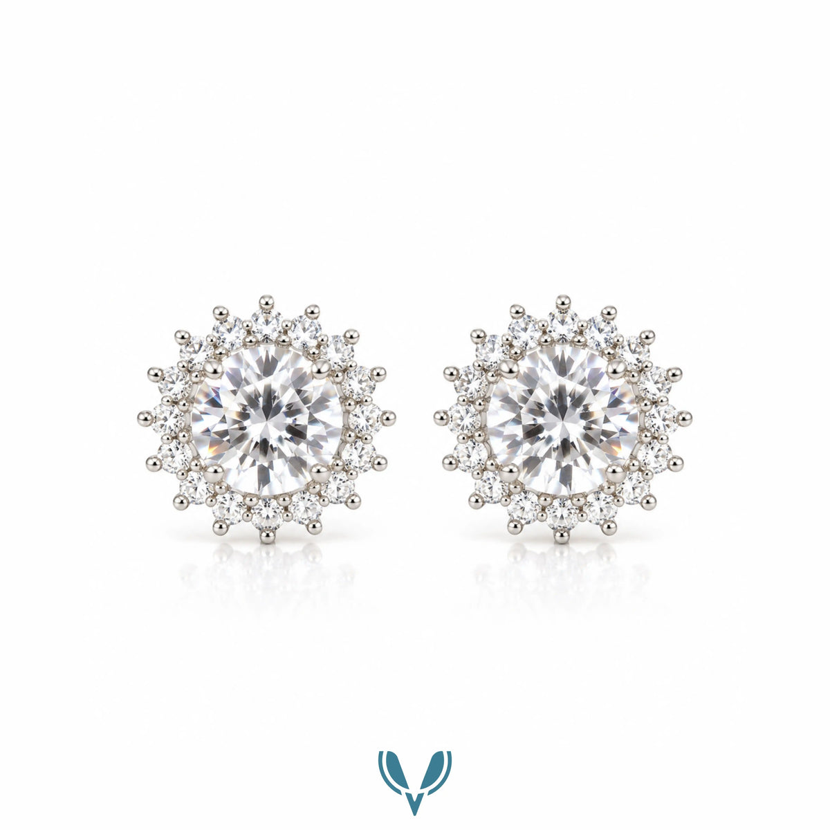 Silver Round Halo CZ Stud Earrings