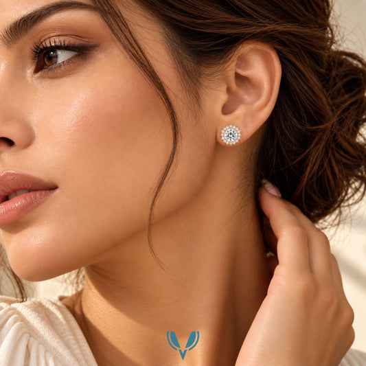 Silver Round Halo CZ Stud Earrings