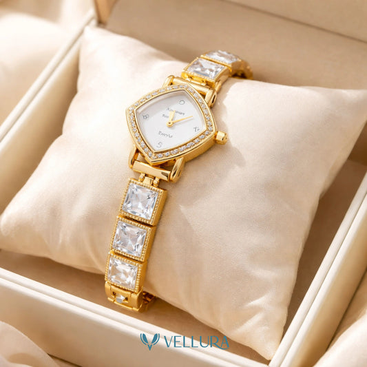 Gold Square Dial Stone Studded Watch