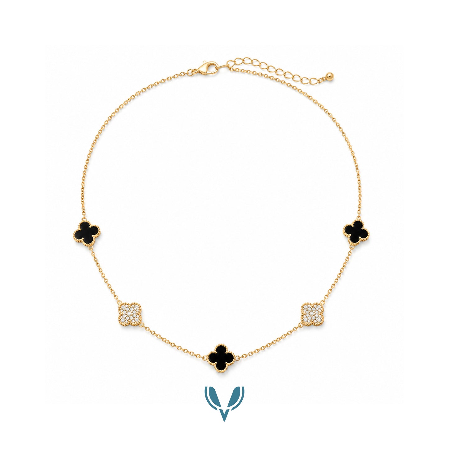 5 Motif's Black Studded Necklace-Adjustable