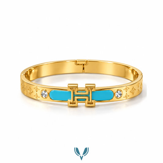 H-Motif Turquoise Enamel CZ Bangle Bracelet