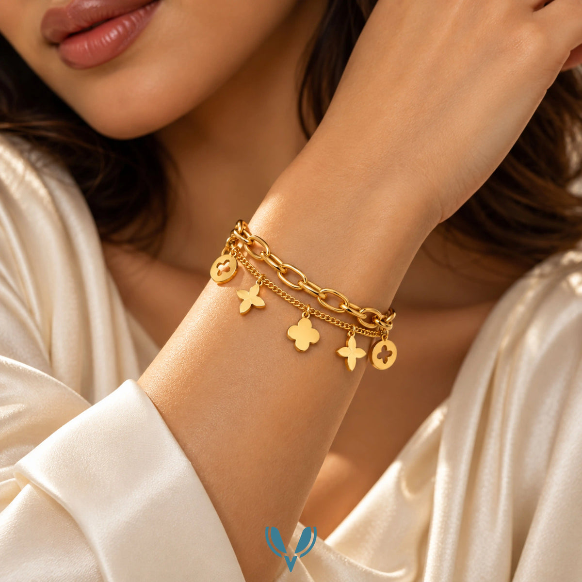 Gold Floral Charm Layered Bracelet
