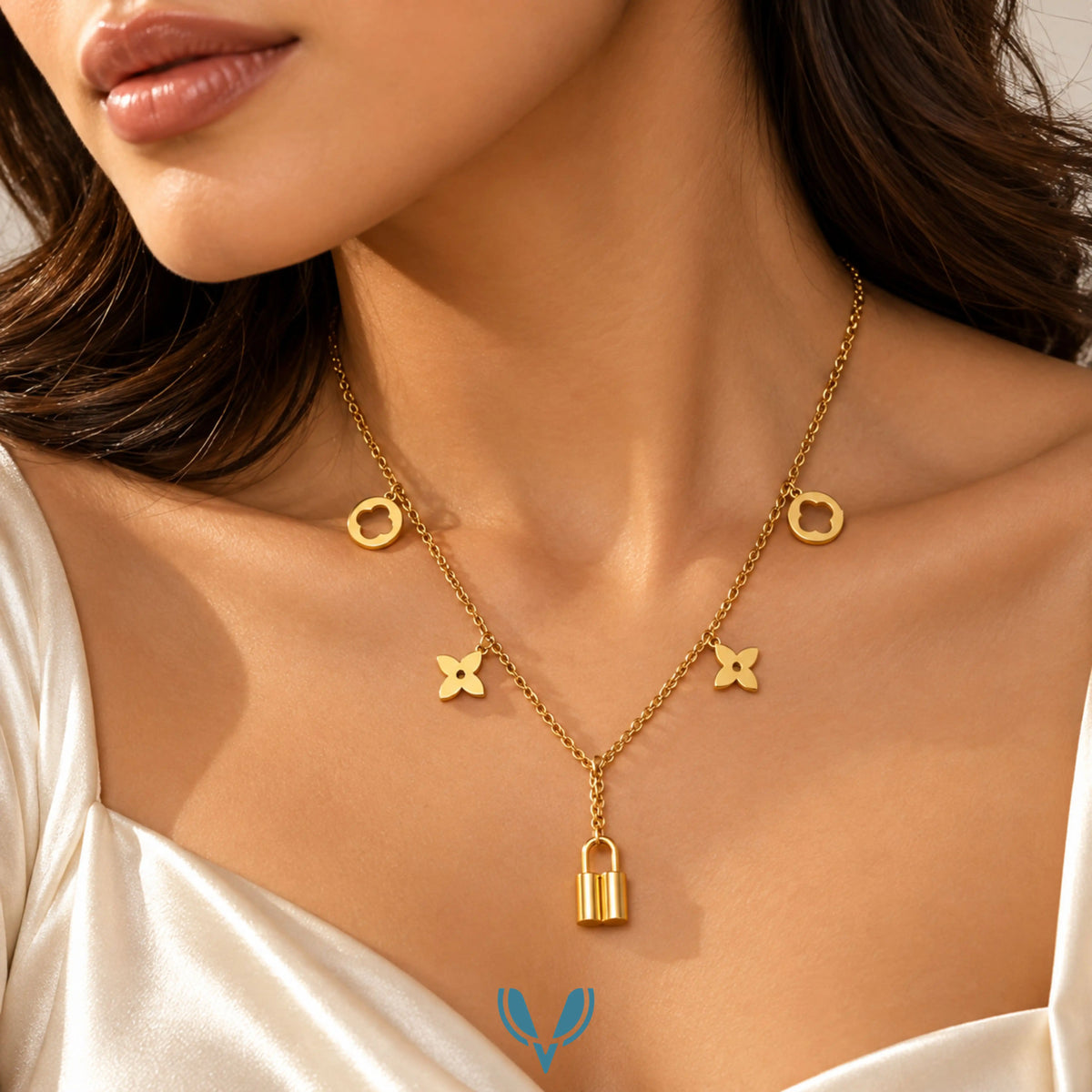 Lv' Inspired Floral Charm Lock Pendant Necklace