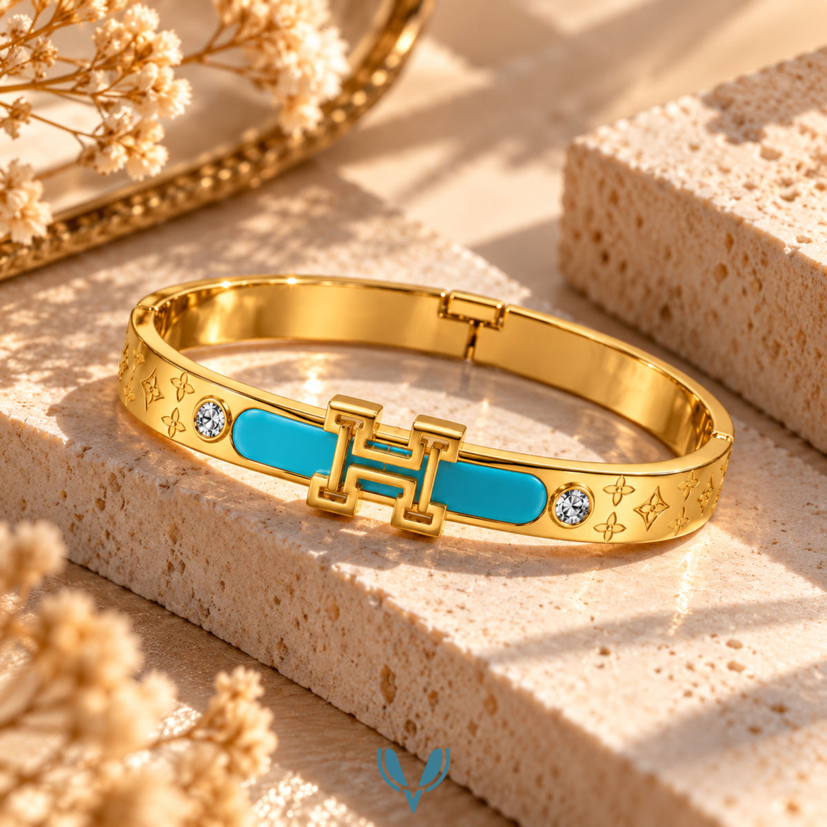 H-Motif Turquoise Enamel CZ Bangle Bracelet